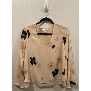 LC LAUREN CONRAD V-Neck Floral Peach Long Bell Sleeve Blouse